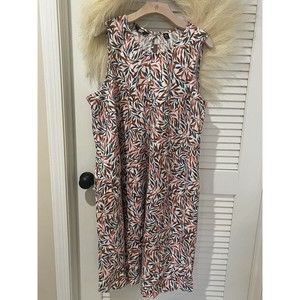 Lands' End Women Plus Maxi Sleeveless Linen Floral Dress Flare Bottom Round Neck